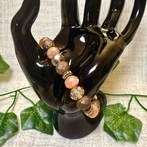 New Handmade Beaded Stretch Bracelet: Peach, Bronze & Crystal Tones